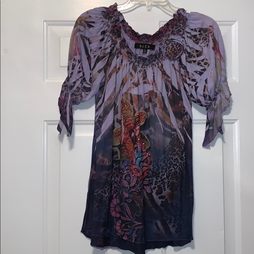 BLEU Boho Floral Blouse Small Purple Sheer Peasant Top Off Shoulder Tie Sleeve
